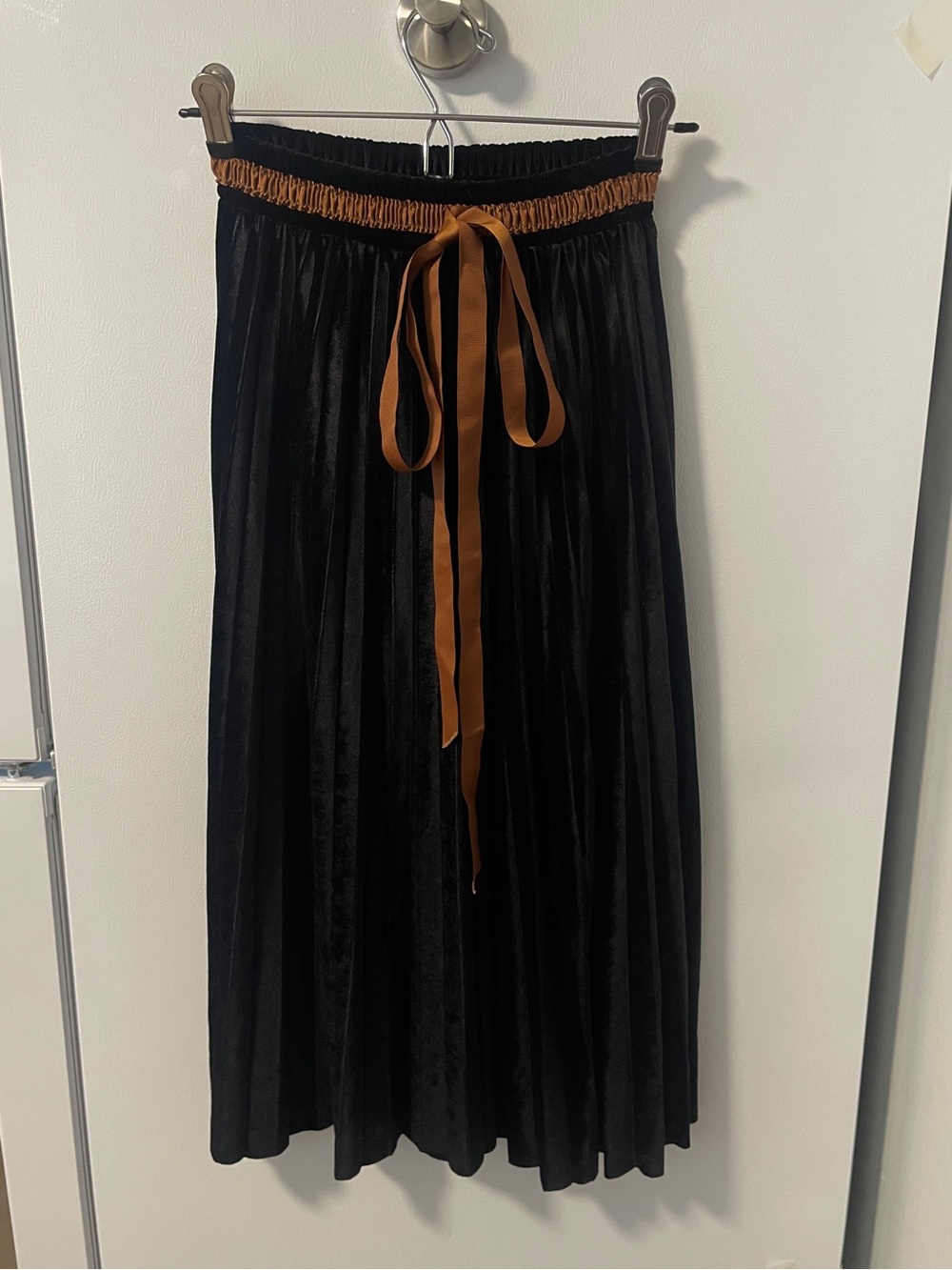 Black Velvet Midi Skirt with Brown Tie Waist
